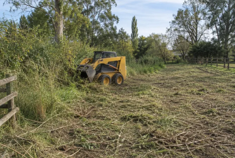 Minicargadora limpiando un lote con pastizal en Pilar
